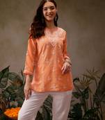 Hand embroidered orange muslin lucknowi chikankari short kurti