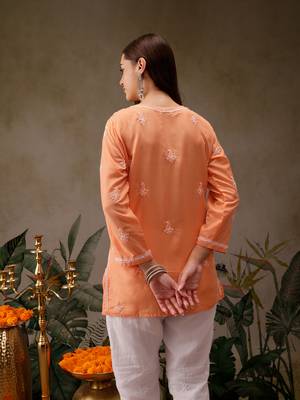 Hand embroidered orange muslin lucknowi chikankari short kurti 2