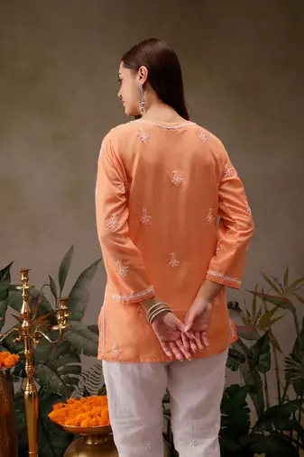 Hand embroidered orange muslin lucknowi chikankari short kurti