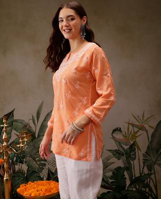 Hand embroidered orange muslin lucknowi chikankari short kurti 3