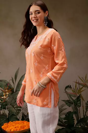 Hand embroidered orange muslin lucknowi chikankari short kurti