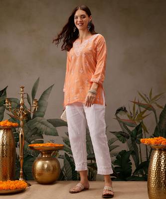 Hand embroidered orange muslin lucknowi chikankari short kurti 4