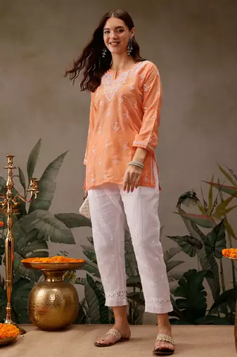 Hand embroidered orange muslin lucknowi chikankari short kurti