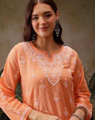 Hand embroidered orange muslin lucknowi chikankari short kurti 5