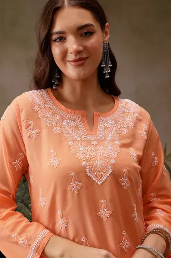 Hand embroidered orange muslin lucknowi chikankari short kurti