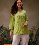 Hand embroidered green muslin lucknowi chikankari short kurti