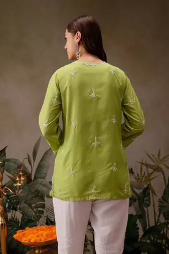 Hand embroidered green muslin lucknowi chikankari short kurti