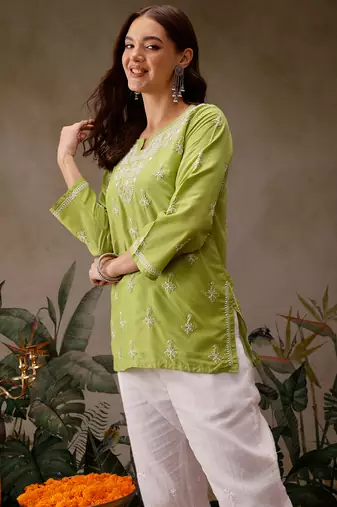 Hand embroidered green muslin lucknowi chikankari short kurti