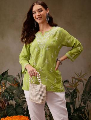 Hand embroidered green muslin lucknowi chikankari short kurti 4