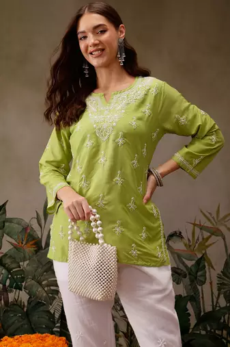 Hand embroidered green muslin lucknowi chikankari short kurti