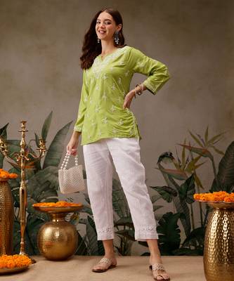 Hand embroidered green muslin lucknowi chikankari short kurti 5