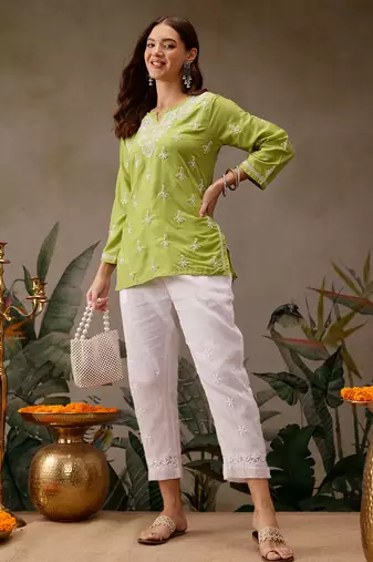 Hand embroidered green muslin lucknowi chikankari short kurti