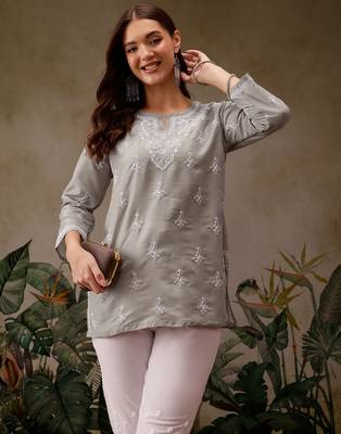 Hand embroidered grey muslin lucknowi chikankari short kurti 1