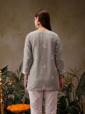 Hand embroidered grey muslin lucknowi chikankari short kurti 2