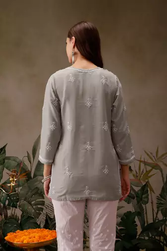 Hand embroidered grey muslin lucknowi chikankari short kurti
