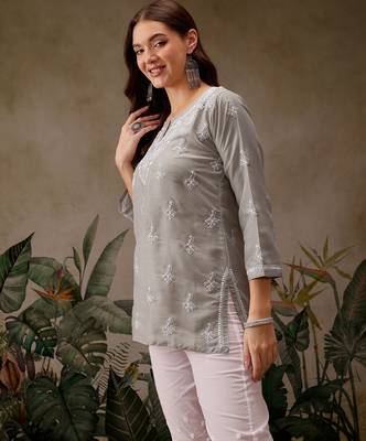 Hand embroidered grey muslin lucknowi chikankari short kurti 3