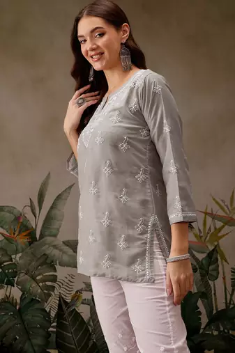 Hand embroidered grey muslin lucknowi chikankari short kurti