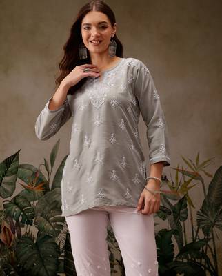 Hand embroidered grey muslin lucknowi chikankari short kurti 4