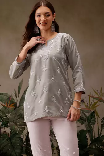 Hand embroidered grey muslin lucknowi chikankari short kurti