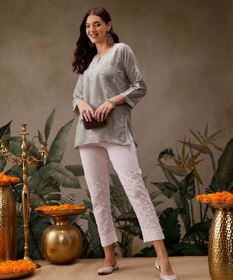 Hand embroidered grey muslin lucknowi chikankari short kurti 5