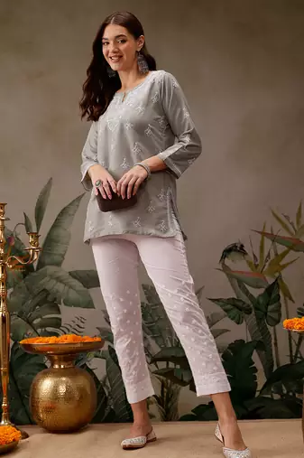 Hand embroidered grey muslin lucknowi chikankari short kurti