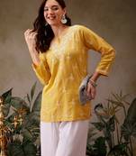 Hand embroidered yellow muslin lucknowi chikankari short kurti