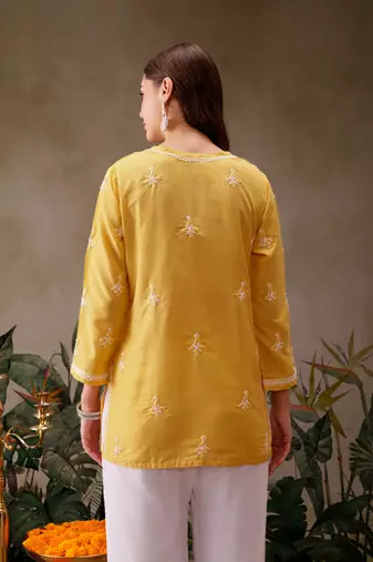 Hand embroidered yellow muslin lucknowi chikankari short kurti