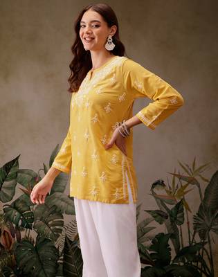 Hand embroidered yellow muslin lucknowi chikankari short kurti 3