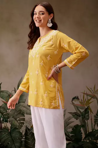 Hand embroidered yellow muslin lucknowi chikankari short kurti