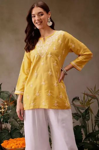 Hand embroidered yellow muslin lucknowi chikankari short kurti
