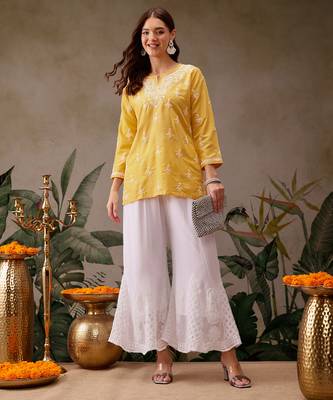 Hand embroidered yellow muslin lucknowi chikankari short kurti 5