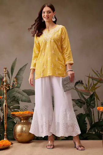 Hand embroidered yellow muslin lucknowi chikankari short kurti