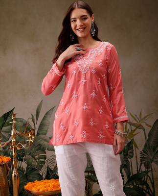 Hand embroidered carrot pink muslin lucknowi chikankari short kurti 1