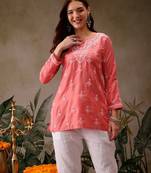 Hand embroidered carrot pink muslin lucknowi chikankari short kurti