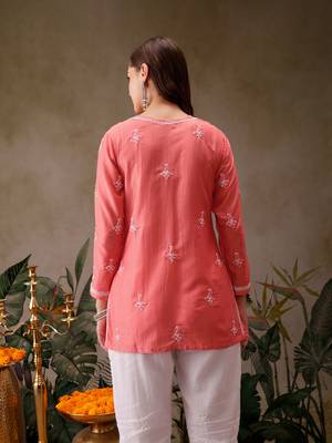 Hand embroidered carrot pink muslin lucknowi chikankari short kurti 2