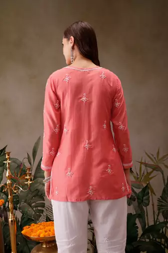 Hand embroidered carrot pink muslin lucknowi chikankari short kurti