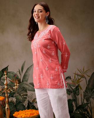 Hand embroidered carrot pink muslin lucknowi chikankari short kurti 3