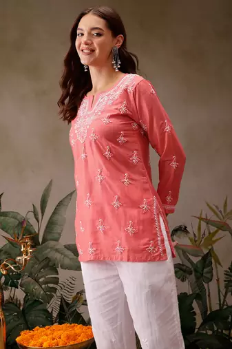Hand embroidered carrot pink muslin lucknowi chikankari short kurti