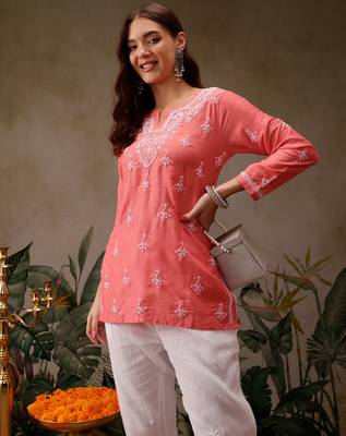 Hand embroidered carrot pink muslin lucknowi chikankari short kurti 4