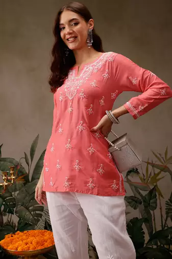 Hand embroidered carrot pink muslin lucknowi chikankari short kurti