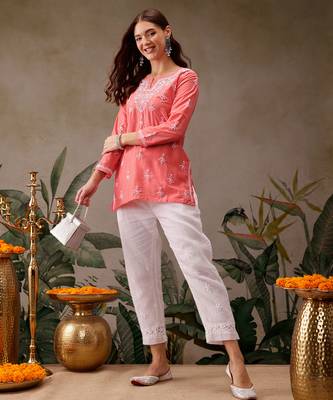 Hand embroidered carrot pink muslin lucknowi chikankari short kurti 5