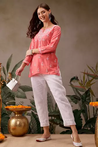 Hand embroidered carrot pink muslin lucknowi chikankari short kurti