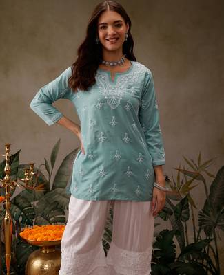 Hand embroidered blue muslin lucknowi chikankari short kurti 1