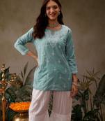Hand embroidered blue muslin lucknowi chikankari short kurti
