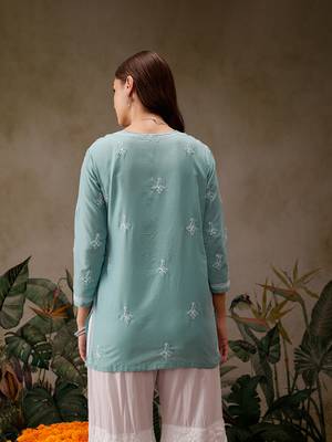 Hand embroidered blue muslin lucknowi chikankari short kurti 2