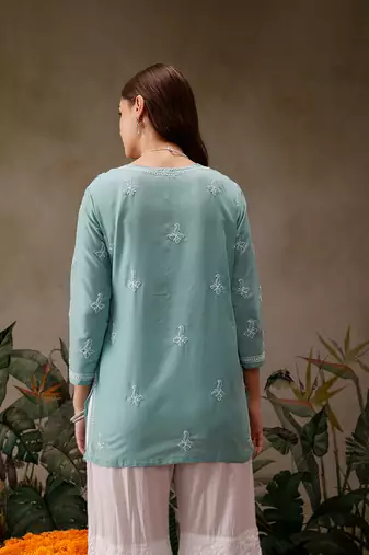 Hand embroidered blue muslin lucknowi chikankari short kurti