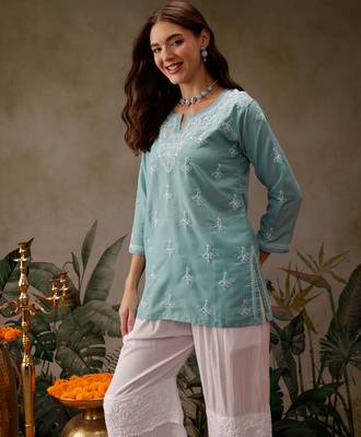 Hand embroidered blue muslin lucknowi chikankari short kurti 3
