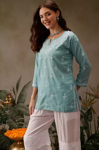 Hand embroidered blue muslin lucknowi chikankari short kurti