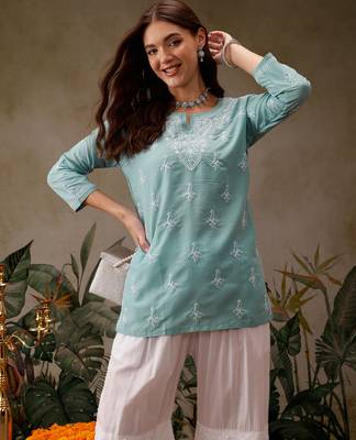 Hand embroidered blue muslin lucknowi chikankari short kurti 4