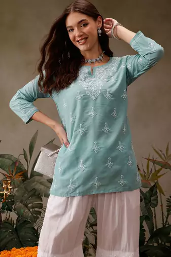 Hand embroidered blue muslin lucknowi chikankari short kurti